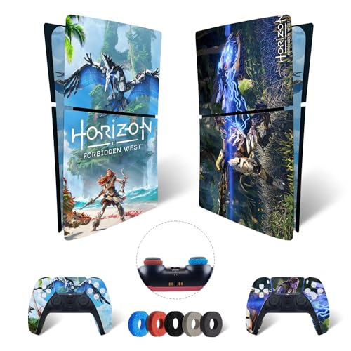MaD Vision® Extra-Haltbares Skin-Set aus Vinyl für PS5 Digital Slim + 5 Paar Aiming Rings | Kratzfestes Aufkleber-Set für Playstation 5 + 2 Controllers – für Horizon Forbidden West Design von MaD Vision
