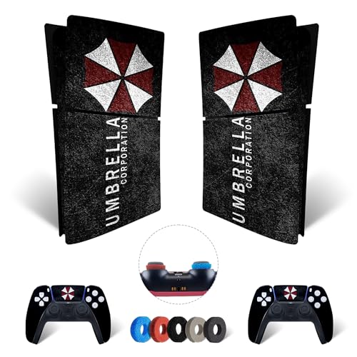 MaD Vision® Extra-Haltbares Skin-Set aus Vinyl für PS5 Digital Slim + 5 Paar Aiming Rings | Kratzfestes Aufkleber-Set für Playstation 5 + 2 Controllers – für Resident Evil Umbrella Design von MaD Vision