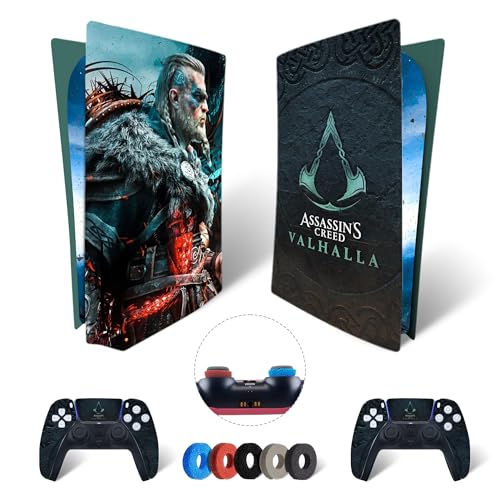 MaD Vision® Extra-Haltbares Skin-Set aus Vinyl für PS5 Disc + 5 Paar Aiming Rings | Kratzfestes Aufkleber-Set für PlayStation 5 + 2 Controllers – für Assassin's Creed Valhalla Design von MaD Vision