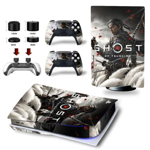 MaD Vision® Extra-Haltbares Skin-Set aus Vinyl für PS5 Disc + 5 Paar Aiming Rings | Kratzfestes Aufkleber-Set für Playstation 5 + 2 Controllers – für Ghost of Tsushima Design von MaD Vision