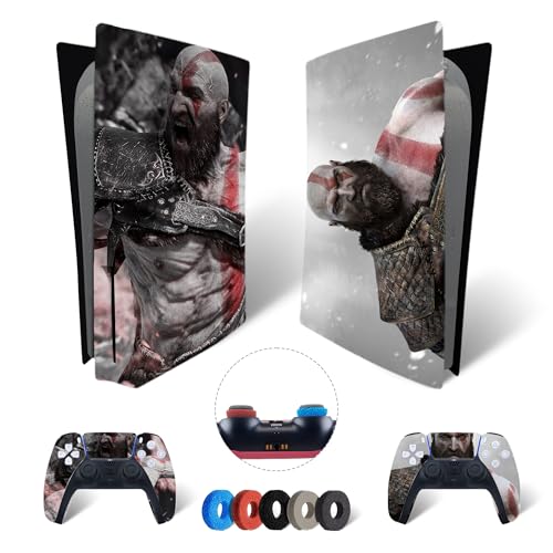 MaD Vision® Extra-Haltbares Skin-Set aus Vinyl für PS5 Disc + 5 Paar Aiming Rings | Kratzfestes Aufkleber-Set für Playstation 5 + 2 Controllers – für God of War|GOW Design von MaD Vision