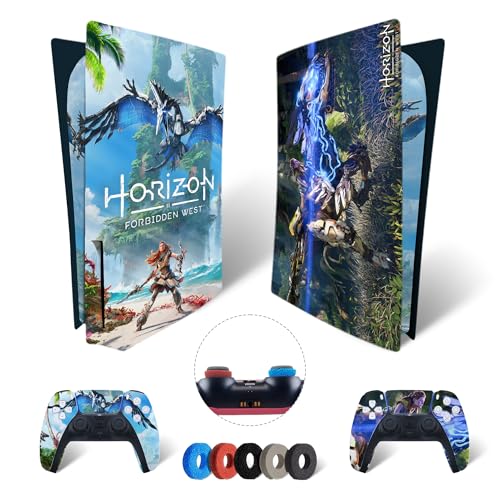 MaD Vision® Extra-Haltbares Skin-Set aus Vinyl für PS5 Disc + 5 Paar Aiming Rings | Kratzfestes Aufkleber-Set für Playstation 5 + 2 Controllers – für Horizon Forbidden West Design von MaD Vision