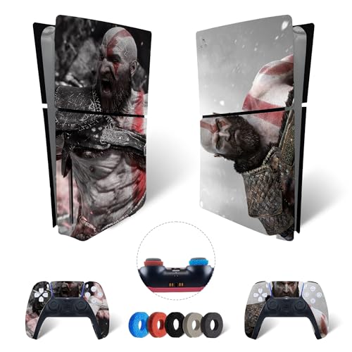 MaD Vision® Extra-Haltbares Skin-Set aus Vinyl für PS5 Disc Slim + 5 Paar Aiming Rings | Kratzfestes Aufkleber-Set für Playstation 5 + 2 Controllers – für God of War|GOW Design von MaD Vision