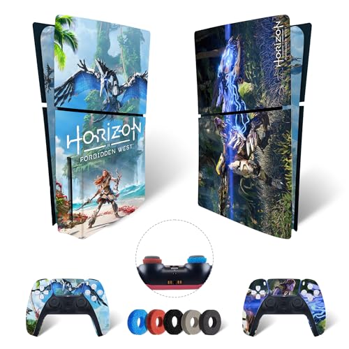 MaD Vision® Extra-Haltbares Skin-Set aus Vinyl für PS5 Disc Slim + 5 Paar Aiming Rings | Kratzfestes Aufkleber-Set für Playstation 5 + 2 Controllers – für Horizon Forbidden West Design von MaD Vision