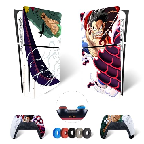 MaD Vision® Extra-Haltbares Skin-Set aus Vinyl für PS5 Disc Slim + 5 Paar Aiming Rings | Kratzfestes Aufkleber-Set für Playstation 5 + 2 Controllers – für One Piece Design von MaD Vision