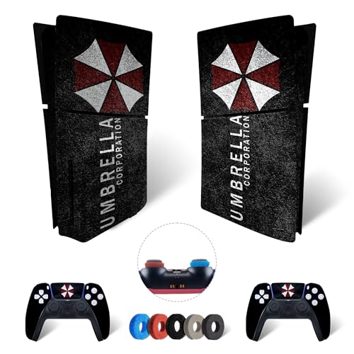 MaD Vision® Extra-Haltbares Skin-Set aus Vinyl für PS5 Disc Slim + 5 Paar Aiming Rings | Kratzfestes Aufkleber-Set für Playstation 5 + 2 Controllers – für Resident Evil Umbrella Design von MaD Vision
