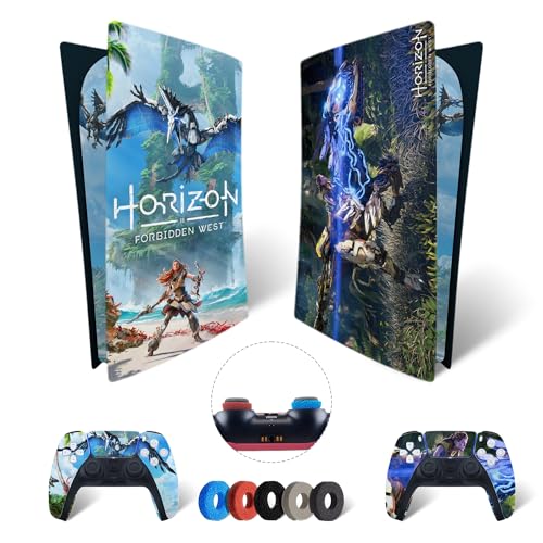 MaD Vision® Extra-Haltbares Skin-Set aus Vinyl für PS5 Digital + 5 Paar Aiming Rings | Kratzfestes Aufkleber-Set für Playstation 5 + 2 Controllers – für Horizon Forbidden West Design von MaD Vision
