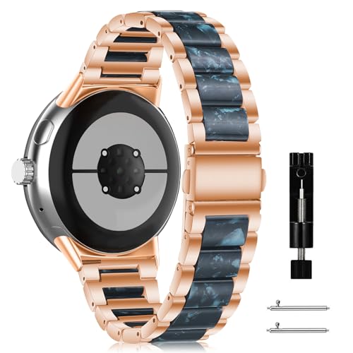 MaEiol Armband für Google Pixel Watch 3 45mm, Harz Armband Resin Metall Armbänder für Google Pixel Watch 3 45mm, Damen Herren Edelstahl Ersatzarmband für Google Pixel Watch 3 45mm - Roségold+Blau von MaEiol
