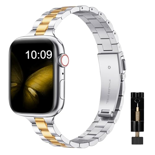 MaEiol Metall Armband Kompatibel mit Apple Watch 41mm 40mm 38mm, Ersatzarmband Metall Schlank Verstellbare Edelstahl Armbänder, Ersatzbänder für iWatch SE/Series 9 8 7 6 5 4 3 2 1, Gold&Silber von MaEiol