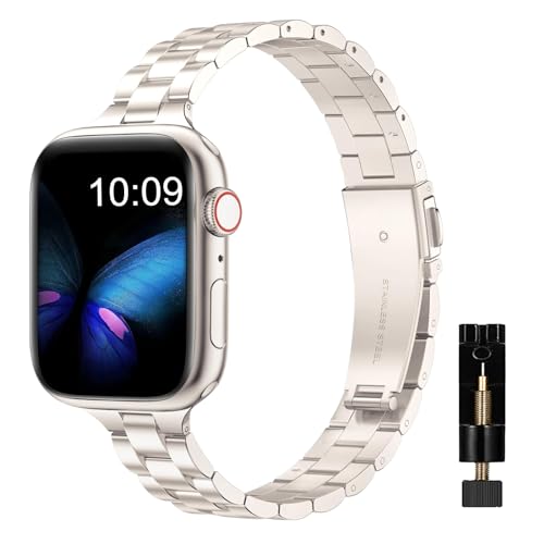 MaEiol Metall Armband Kompatibel mit Apple Watch 41mm 40mm 38mm, Ersatzarmband Metall Schlank Verstellbare Edelstahl Armbänder, Ersatzbänder für iWatch SE/Series 9 8 7 6 5 4 3 2 1, Sternenlicht von MaEiol