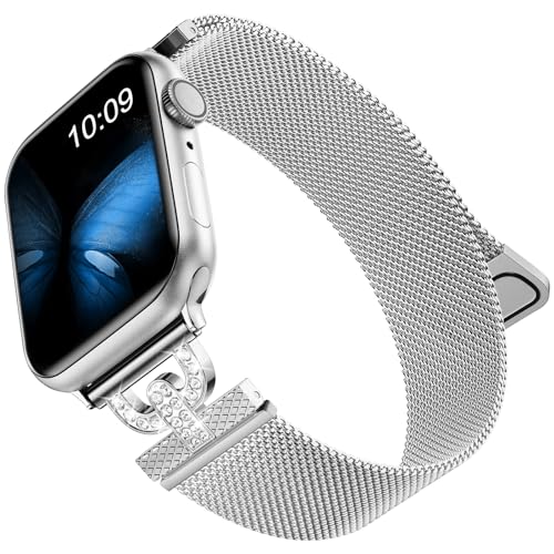 MaEiol Metall Armband Kompatibel mit Apple Watch 41mm 40mm 38mm, Funkelnder Diamant Edelstahl Metall Ersatzarmband, Armbänder für Apple Watch SE/Series 9/8 / 7/6 / 5/4 / 3/2 / 1 - Silber von MaEiol