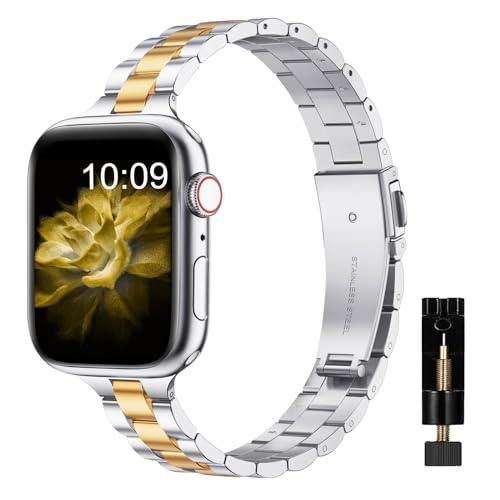 MaEiol Metall Armband Kompatibel mit Apple Watch 49mm 45mm 44mm 42mm, Schlank Armbänder Verstellbare, Edelstahl Ersatzbänder für iWatch Armband Ultra 2 / SE/Series 9 8 7 6 5 4 3 2 1, Gold&Silber von MaEiol