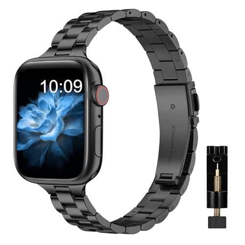 MaEiol Metall Armband Kompatibel mit Apple Watch 49mm 45mm 44mm 42mm, Schlank Armbänder Verstellbare, Edelstahl Ersatzbänder für iWatch Armband Ultra 2 / SE/Series 9 8 7 6 5 4 3 2 1, Schwarz von MaEiol