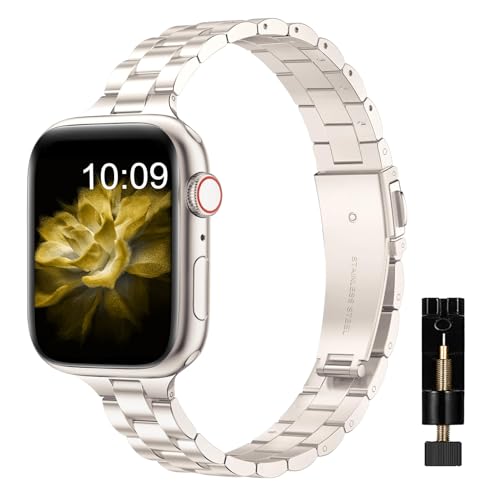 MaEiol Metall Armband Kompatibel mit Apple Watch 49mm 45mm 44mm 42mm, Schlank Armbänder Verstellbare, Edelstahl Ersatzbänder für iWatch Armband Ultra 2 / SE/Series 9 8 7 6 5 4 3 2 1, Sternenlicht von MaEiol