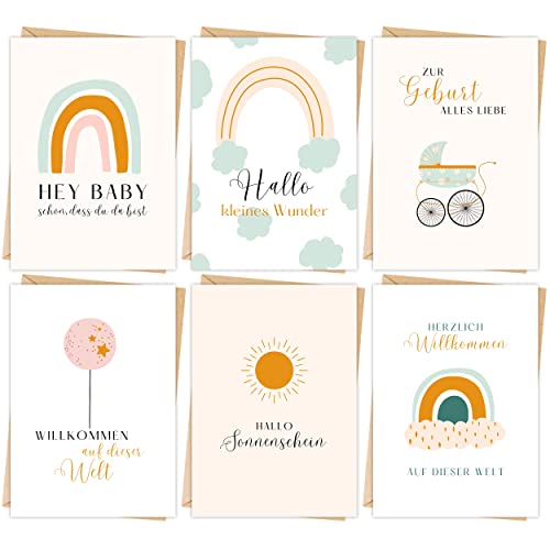 MaFab Products 6 x Hochwertige Karte zur Geburt - Glückwunschkarte Geburt für Mädchen und Jungen - Süße Geburtskarten für Baby als 6er Set mit Umschlägen aus Kraftpapier von MaFab Products