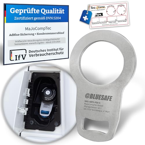 MaJoCompTec® ADBLUESAFE Tankdeckel Sicherung I Tanksicherung für AdBlue Tankverschluss Deckel I Zubehör Kastenwagen Camping Wohnmobil (Edelstahl Version, Bundle mit Aufkleber Fahrzeugmaße) von MaJoCompTec