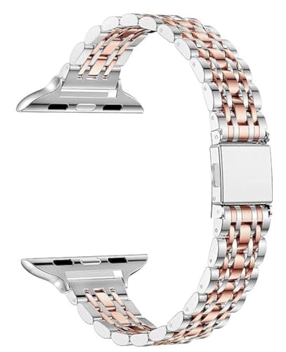 MaKTech Edelstahl Armband,Frauen Schlank Siebenteilig Links 14mm Metallarmband Kompatibel mit Apple Watch Series 10/9/Ultra 2/SE/8/7[2024] (42mm/41/40mm,Silber/Roségold) von MaKTech