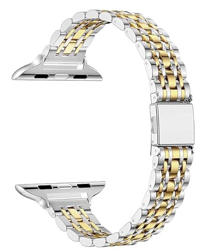 MaKTech Edelstahl Armband,Frauen Schlank Siebenteilig Links 14mm Metallarmband Kompatibel mit Apple Watch Series 9/Ultra 2/SE/8/7/2023 (45mm/44mm/49mm,Silber/Gold) von MaKTech
