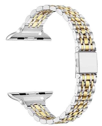 MaKTech Edelstahl Armband,Frauen Schlank Siebenteilig Links 14mm Metallarmband Kompatibel mit Apple Watch Series 9/Ultra 2/SE/8/7/2023 (45mm/44mm/49mm,Silber/Gold) von MaKTech