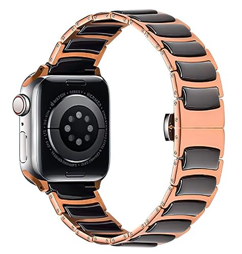 MaKTech Keramikband,Dünnes Edelstahl-armbänder mit Eingelegten Keramikgliedern,für Apple watch Series 10/9/Ultra 2/SE/8/7[2024] (46mm/45mm/44/49mm,Roségold/Schwarz) von MaKTech