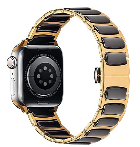 MaKTech Keramikband,Dünnes Edelstahl-armbänder mit Eingelegten Keramikgliedern,für Apple watch Series 9/Ultra 2/SE/8/7/2023 (45mm/44mm/49mm,Gold/Schwarz) von MaKTech