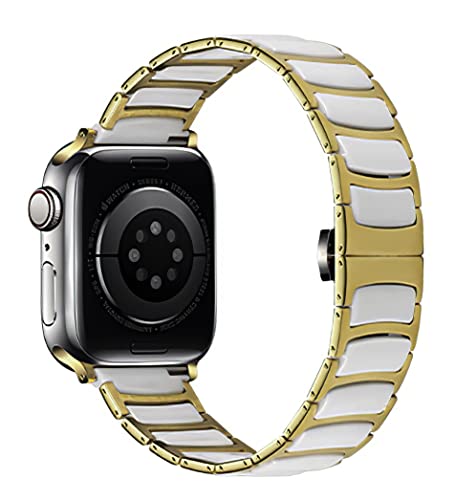 MaKTech Keramikband,Dünnes Edelstahl-armbänder mit Eingelegten Keramikgliedern,für Apple watch Series 9/Ultra 2/SE/8/7/2023 (45mm/44mm/49mm,Gold/Weiß) von MaKTech