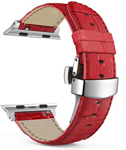 MaKTech Lederriemen Krokodilmusterband mit Schmetterlingsverschluss Kompatibel mit Apple Watch Series 9/Ultra 2/SE/8/7/2023 (41mm/40mm,B-Rot) von MaKTech