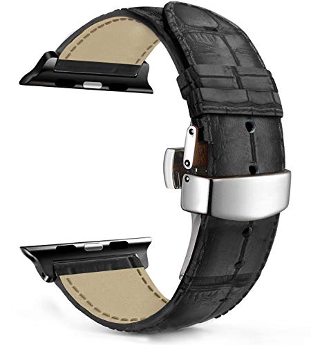 MaKTech Lederriemen Krokodilmusterband mit Schmetterlingsverschluss Kompatibel mit Apple Watch Series 9/Ultra 2/SE/8/7/2023 (41mm/40mm,B-Schwarz) von MaKTech