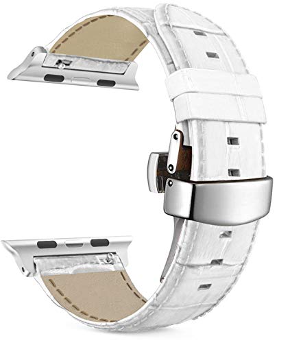 MaKTech Lederriemen Krokodilmusterband mit Schmetterlingsverschluss Kompatibel mit Apple Watch Series 9/Ultra 2/SE/8/7/2023 (45mm/44mm/49mm,B-Weiߟ) von MaKTech