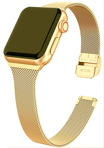 MaKTech Milanese Mesh Strap Schmalband aus Edelstahl mit Druckknopf Kompatibel mit Apple Watch Series 9/Ultra 2/SE/8/7/2023 (41mm/40mm,Gold) von MaKTech