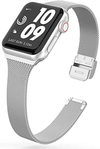 MaKTech Milanese Mesh Strap Schmalband aus Edelstahl mit Druckknopf Kompatibel mit Apple Watch Series 9/Ultra 2/SE/8/7/2023 (41mm/40mm,Silber) von MaKTech