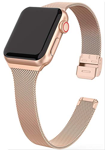 MaKTech Milanese Mesh Strap Schmalband aus Edelstahl mit Druckknopf Kompatibel mit Apple Watch Series 9/Ultra 2/SE/8/7/2023 (45mm/44mm/49mm,Roségold) von MaKTech