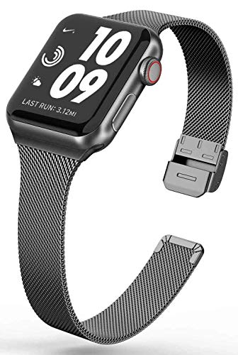 MaKTech Milanese Mesh Strap Schmalband aus Edelstahl mit Druckknopf Kompatibel mit Apple Watch Series 9/Ultra 2/SE/8/7/2023 (45mm/44mm/49mm,Schwarz) von MaKTech