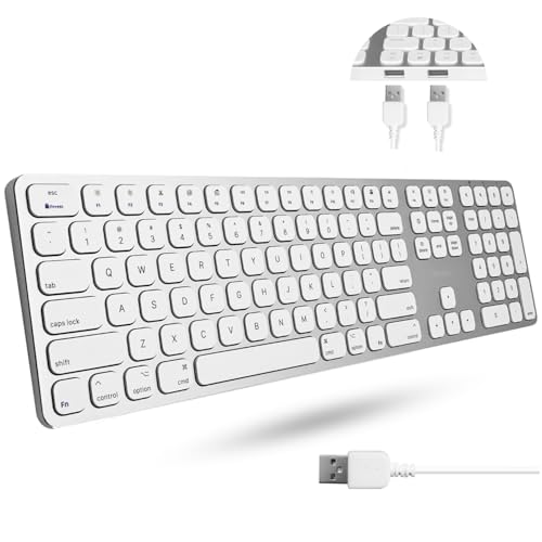 Macally Extended Mac Tastatur mit Ziffernblock, 2 USB-Anschlüsse HUB & 1,5 m langes USB-Kabel (silberfarbenes Aluminium) von Macally