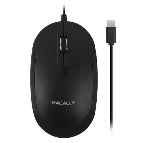 Macally Kabelgebundene USB-C-Maus für Mac und PC, schlank, leise und zuverlässig, 3 Tasten, Scrollrad und 4 DPI-Modus Typ C Maus für Laptop, MacBook Pro/Air, iMac, Plug-and-Play, USBC, Schwarz von Macally