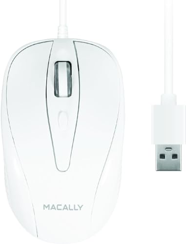 Macally TURBO, MacBook Maus mit 3 Tasten und Scrollrad, optisch mit Kabel, Mouse für USB-A Notebook und Laptop, weiß / grau von Macally