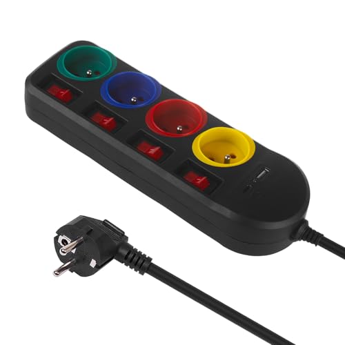 Maclean 4-Fach Steckdosenleiste Typ-E mit 2X USB-Anschlüssen (A und C) 5V/3.1A QC 2.0, USB-C 18W PD | Mehrfachsteckdose,Max. 2500 W 10A,1,5m Kabel (Schwarz/Mehrfarbig, 4-Fach Steckdosenleiste) von Maclean
