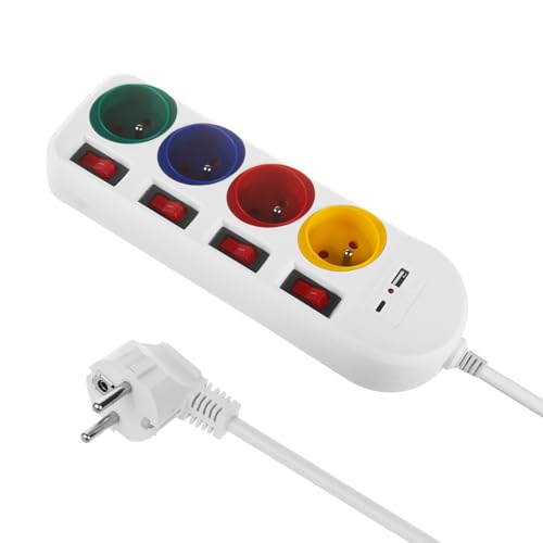 Maclean 4-Fach Steckdosenleiste Typ-E mit 2X USB-Anschlüssen (A und C) 5V/3.1A QC 2.0, USB-C 18W PD | Mehrfachsteckdose,Max. 2500 W 10A,1,5m Kabel (Weiß/Mehrfarbig, 4-Fach Steckdosenleiste) von Maclean