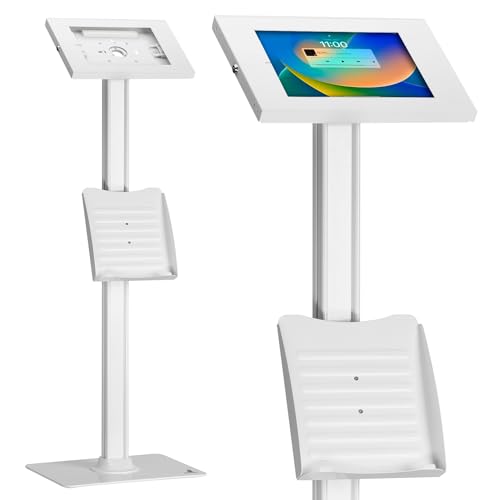 Maclean MC-476 Tablet-Bodenständer mit Diebstalschutz und Prospekthalter Kompatibel mit 9.7"-11", iPad/iPad Air/iPad Pro, Samsung Galaxy Tab A/Tab A7/Tab S6 Lite Bodenbefestigung (Weiß) von Maclean