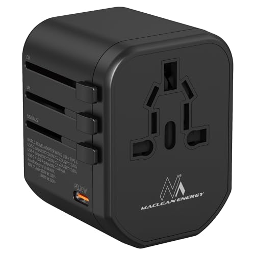 Maclean MCE238N Universal Weltweit Reiseadapter mit 2xUSB 2.4A + USB-C PD 20W Internationaler Steckdosenadapter für UK/EU/AU/US, 8A, Quick and Fast Charge 200 Länder der Welt von Maclean