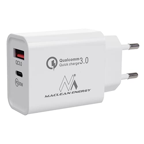 Maclean MCE485W Universal Ladegerät Netzladegerät 2-Port-Stecker: 1xUSB-A (QC 3.0) max. 18W 1x USB Typ-C (PD20W) max. 20W Schnellladegerät Adapter 1x Quick Charge 5V 3A/9V 2.22A/12V 1.67A von Maclean