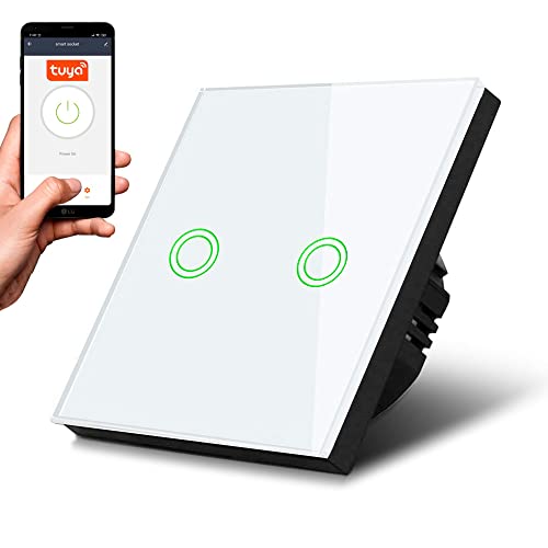 Maclean MCE714W Smart WiFi 2-Fach Touch Lichtschalter Kompatibel mit Tuya APP Wandschalter Glas Schalter mit Farbwechsel LED Hintergrundbeleuchtung Einbauschalter 85x85mm (2-Fach Rund, Weiß) von Maclean