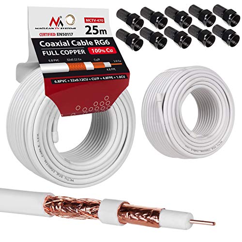 Maclean MCTV-470 Antennenkabel Koaxialkabel RG6 Reines Kupfer 100% Cu Koax Antennen Kabel SAT Satellitenkabel TV (25m + 10x F-Stecker) von Maclean