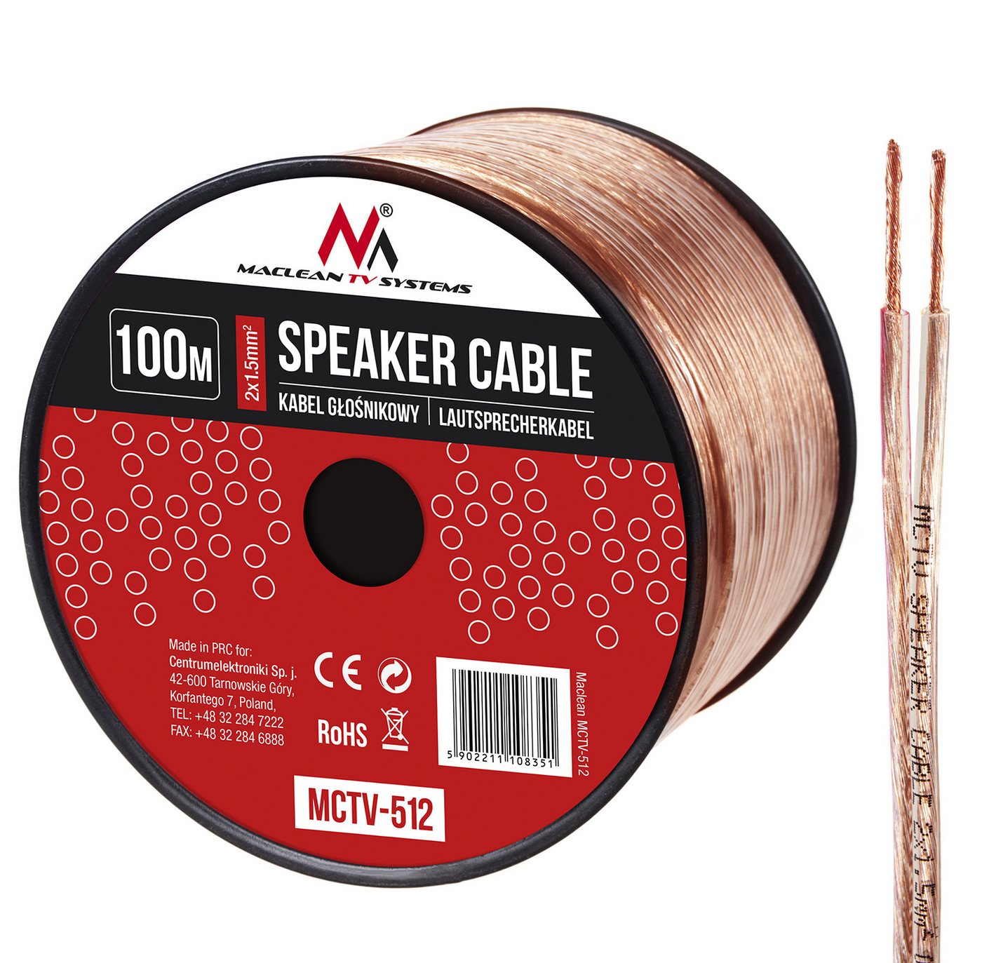 Maclean MCTV-512 Audio-Kabel, (10000 cm), 100m Lautsprecherkabel 2x 1.5mm2 von Maclean