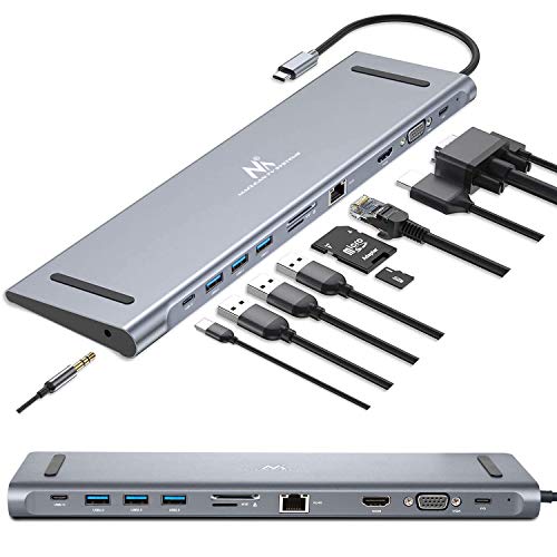 Maclean MCTV-850 11 in 1 USB C 3.1 Docking Station Hub Adapter HDMI / 3X USB 3.0 / USB-C Stromversorgung/PD (Power Delivery) / VGA 1900x1200 @ 60Hz / RJ-45 / Audio 3,5mm Port/SD/TF Kartenleser von Maclean