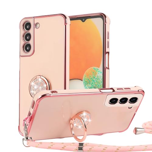 MacroHu 1x Handyhülle mit Band für Samsung Galaxy S21 FE 5G Handykette Hülle mit Ständer HandyHülle mit Umhängen TPU Silikon Bumper Stoßfeste Schutzhülle Abnehmbar Necklace Hülle mit Ring -Rosa von MacroHu