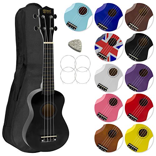 Mad About SU8-BK Sopran-Ukulele in Schwarz mit einer GRATIS Gigbag, Pick und Ersatzsaiten - großartig für Schulen und Anfänger, 56 x 20 x 8 cm von Mad About