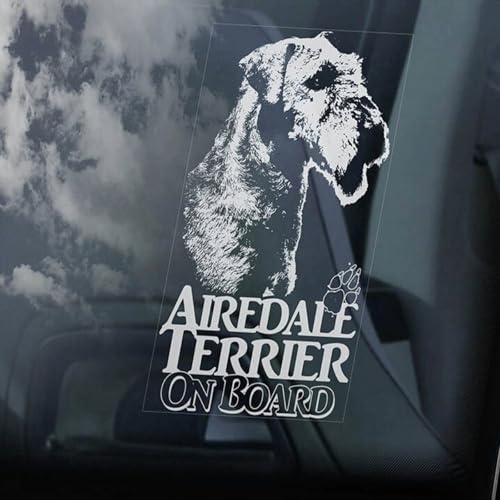Madcolitote Airedale Terrier on Board Auto-Fensteraufkleber, Hundeschild, Aufkleber, Bingley Waterside Vinyl, gestanzt, lustiger Stoßstangen-Aufkleber, Geschenk für Hunde und Haustiere von Madcolitote