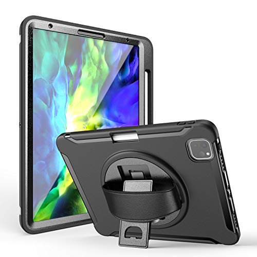 MadeRy Stoßfest Hülle für iPad Air 4 10.9" 2020 / iPad Pro 11 2021/2020 / 2018, Ganzkörper Robuster Schutzhülle mit Drehbar Ständer & Handschlaufe und Stifthalter. (Schwarz) von MadeRy