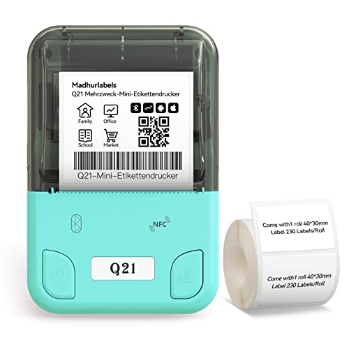 Madhurlabels Q21 Tragbarer Handgerät Thermo Tragbarer Etikettiergerät Bluetooth-Etikettendrucker für kleine Unternehmen im Heim Büro, mit 1 Packung 40 × 30 mm Etikett, kompatibel mit iOS Android USB von Madhurlabels